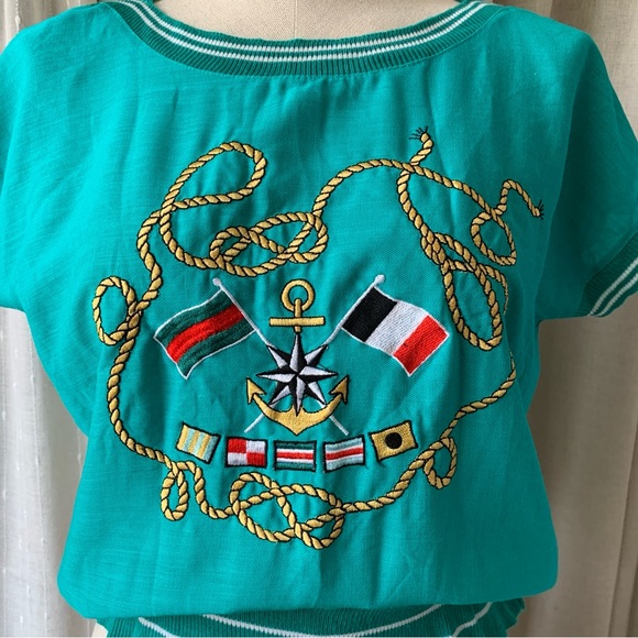 VINTAGE NO NAME BOATING TEAL EMBROIDERED TOP - Picture 5 of 6
